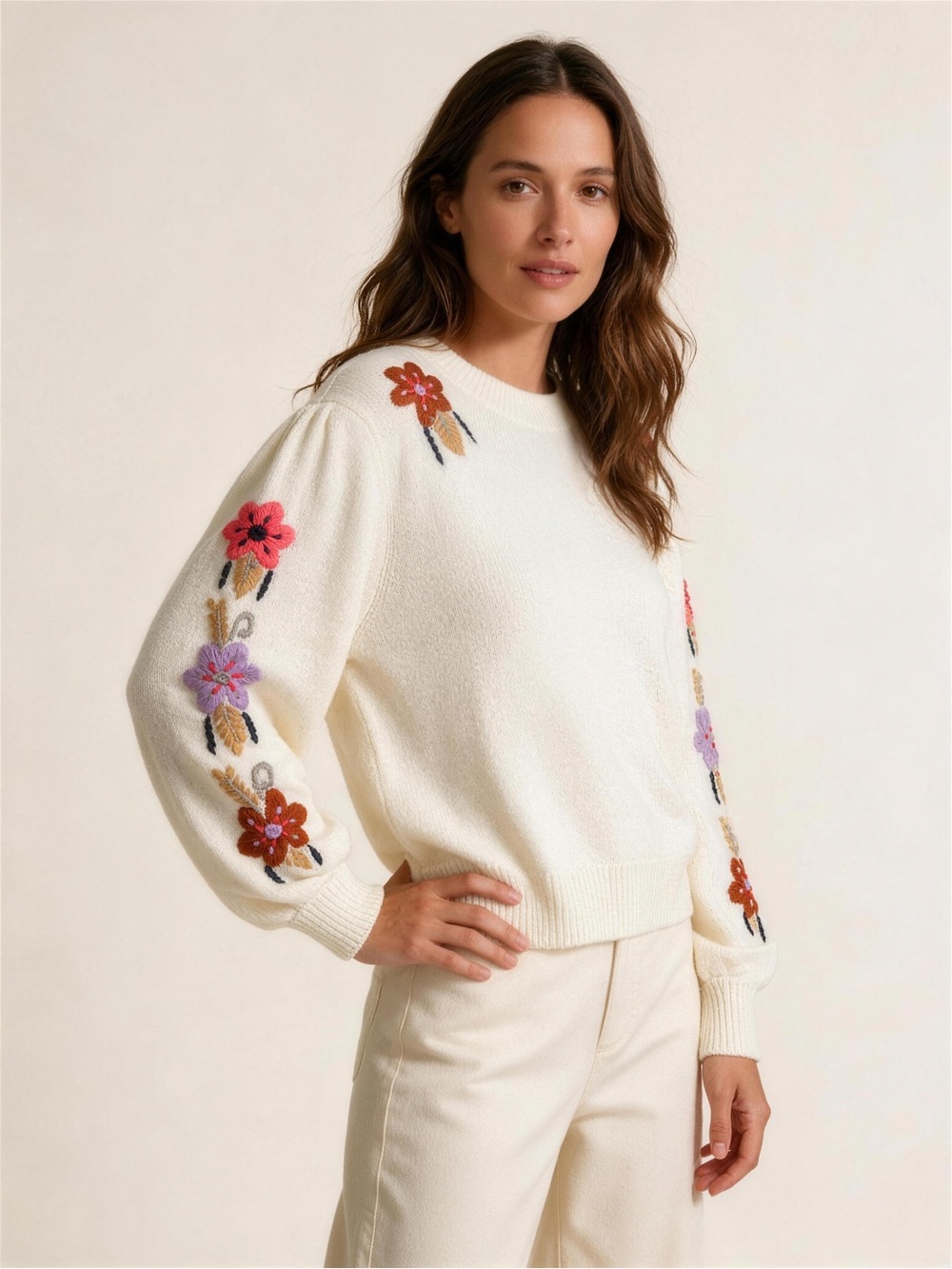 Something Navy Cream Floral Embroidered Crewneck Sweater